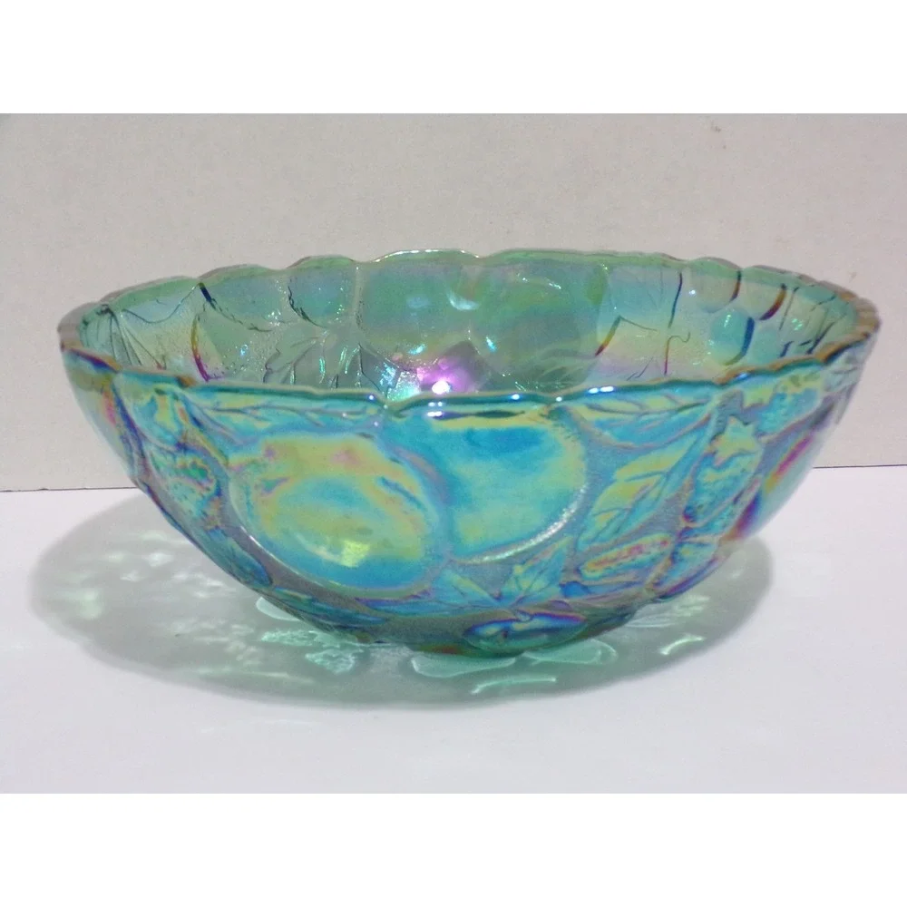 Vintage‎ Glass Fruit Bowl Iridescent Teal Green Scalloped Embossed 8 inch